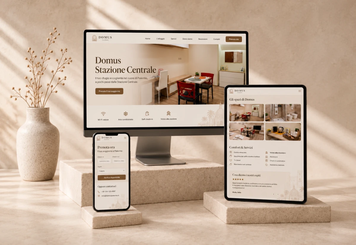 Mockup del sito web Domus Palermo su desktop, tablet e smartphone.