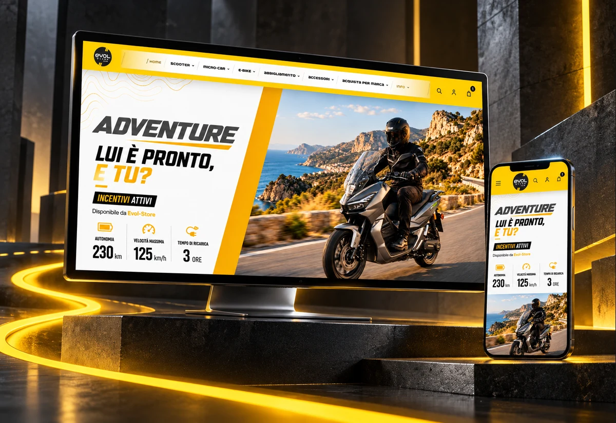 Sito web EvolStore su monitor e smartphone in un mockup nero e giallo