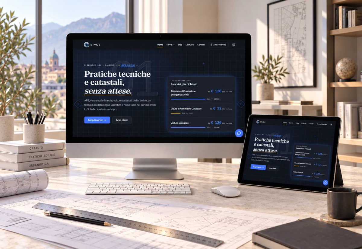 Sito web G Service mostrato su monitor e tablet in un mockup da studio tecnico