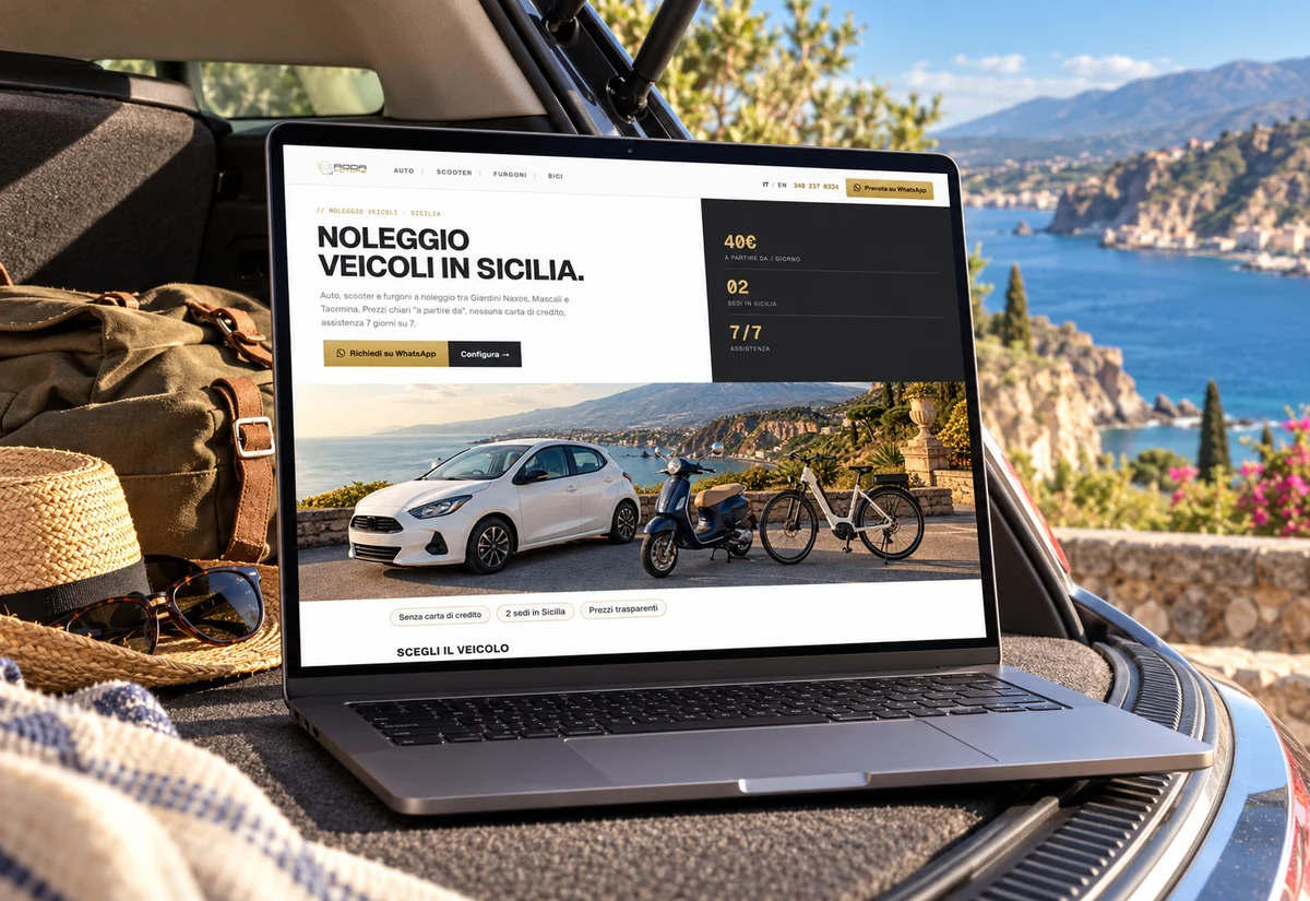 Sito web Roda Motors su laptop nel bagagliaio di un’auto, con la costa siciliana sullo sfondo
